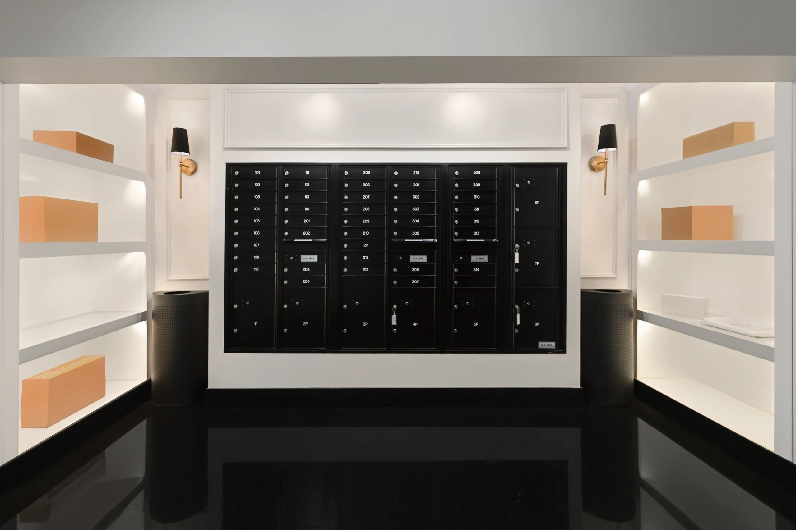 Modern interior package area with mailbox wall
